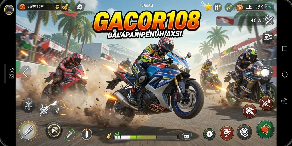 Gameplay GACOR108 dengan aksi balapan motor yang mendebarkan.