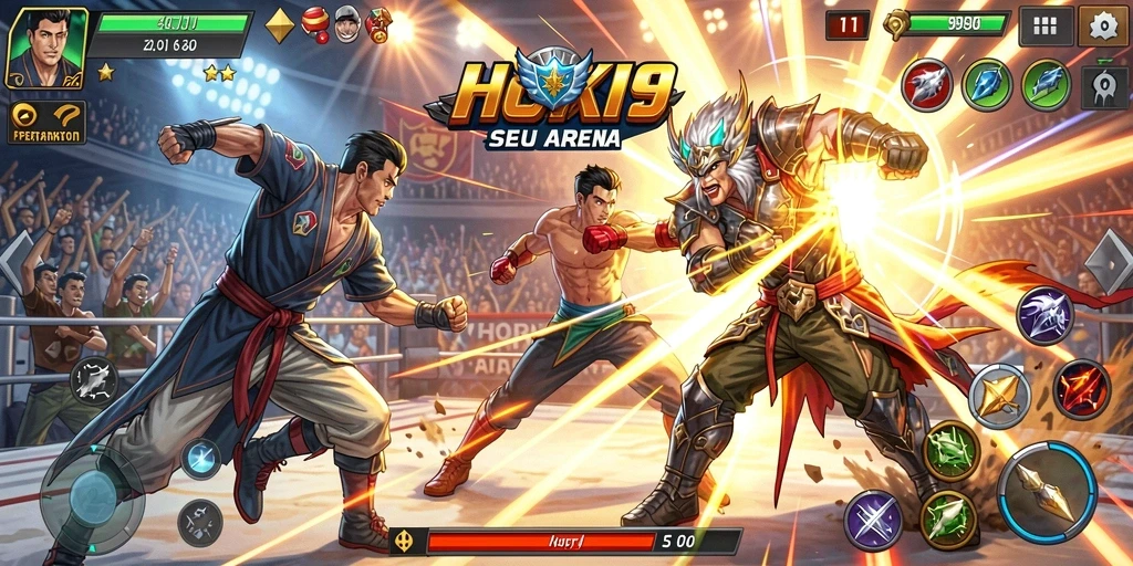 Screenshot menunjukkan pertarungan seru dalam HOKI9 dengan karakter unik.