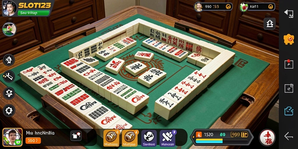 Tampilan gameplay SLOT123 dengan grafis Mahjong yang menarik.
